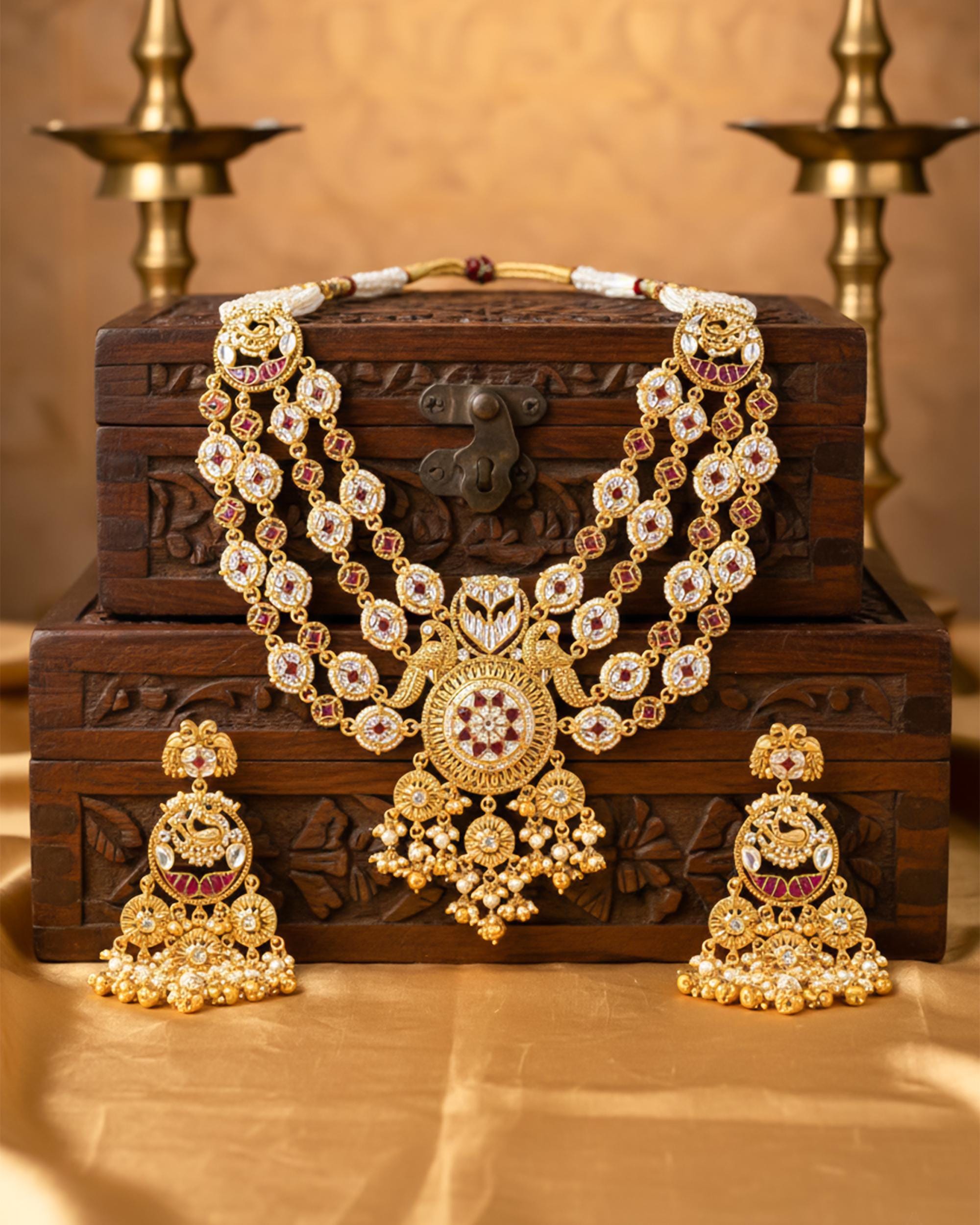 Handcrafted Kundan Necklace Set  Ruby Pink Accents, Peacock Panchlada Haar, Antique Gold Bridal Jewelry