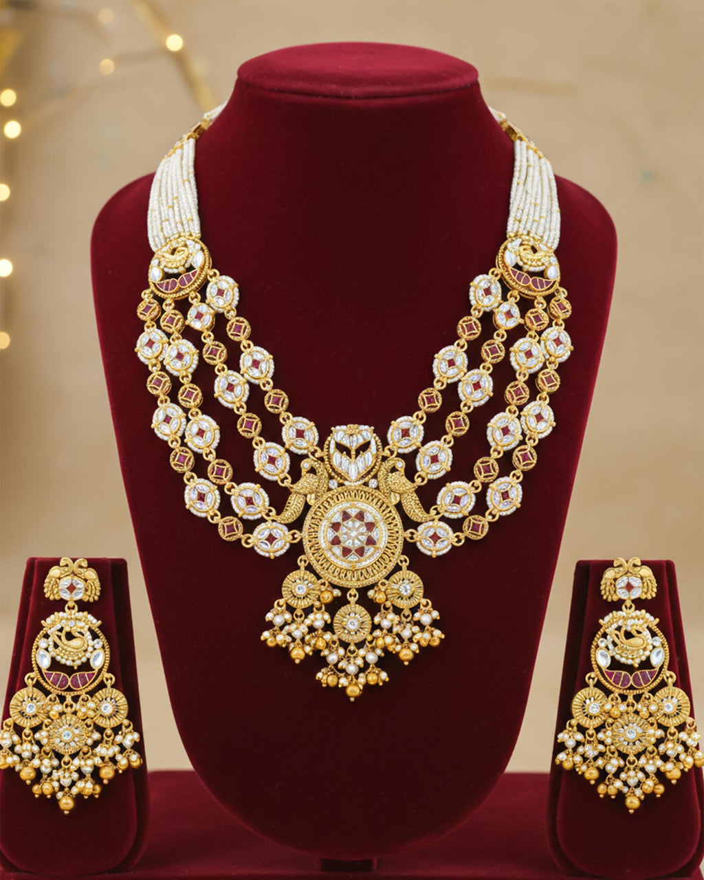 Handcrafted Kundan Necklace Set  Ruby Pink Accents, Peacock Panchlada Haar, Antique Gold Bridal Jewelry