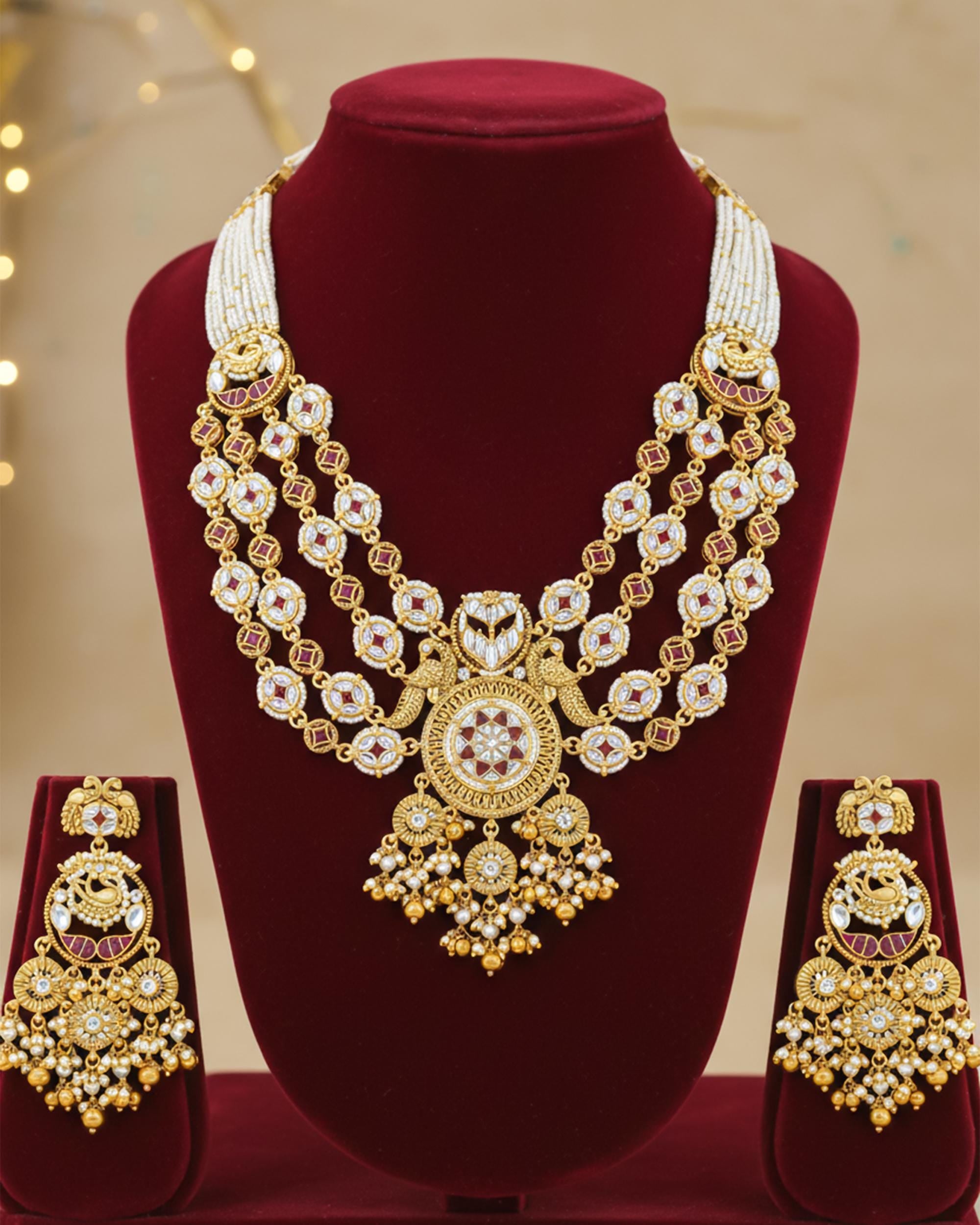 Handcrafted Kundan Necklace Set  Ruby Pink Accents, Peacock Panchlada Haar, Antique Gold Bridal Jewelry