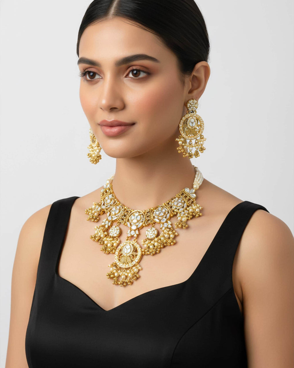 Handcrafted Pachi Kundan Choker Set  Royal White Gold Bridal Jewelry, Chandelier Earrings