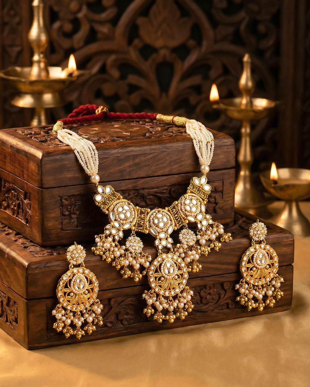 Handcrafted Pachi Kundan Choker Set  Royal White Gold Bridal Jewelry, Chandelier Earrings