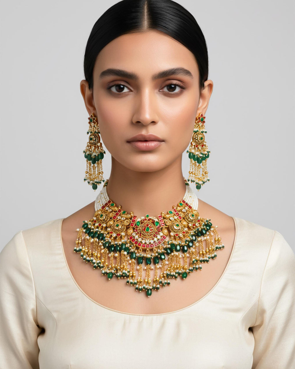 Handcrafted Pachi Kundan Bib Choker Necklace Set  Antique Gold Indian Bridal Jewelry