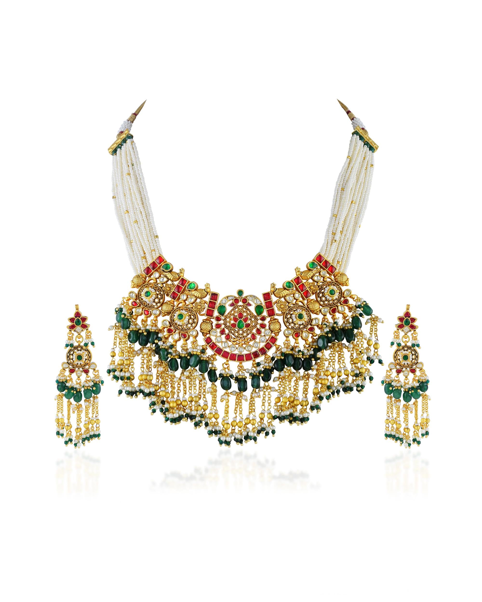 Handcrafted Pachi Kundan Bib Choker Necklace Set  Antique Gold Indian Bridal Jewelry