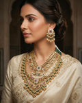 Handcrafted Kundan Bridal Necklace Set  Royal Green Beads, Antique Gold Floral Accents