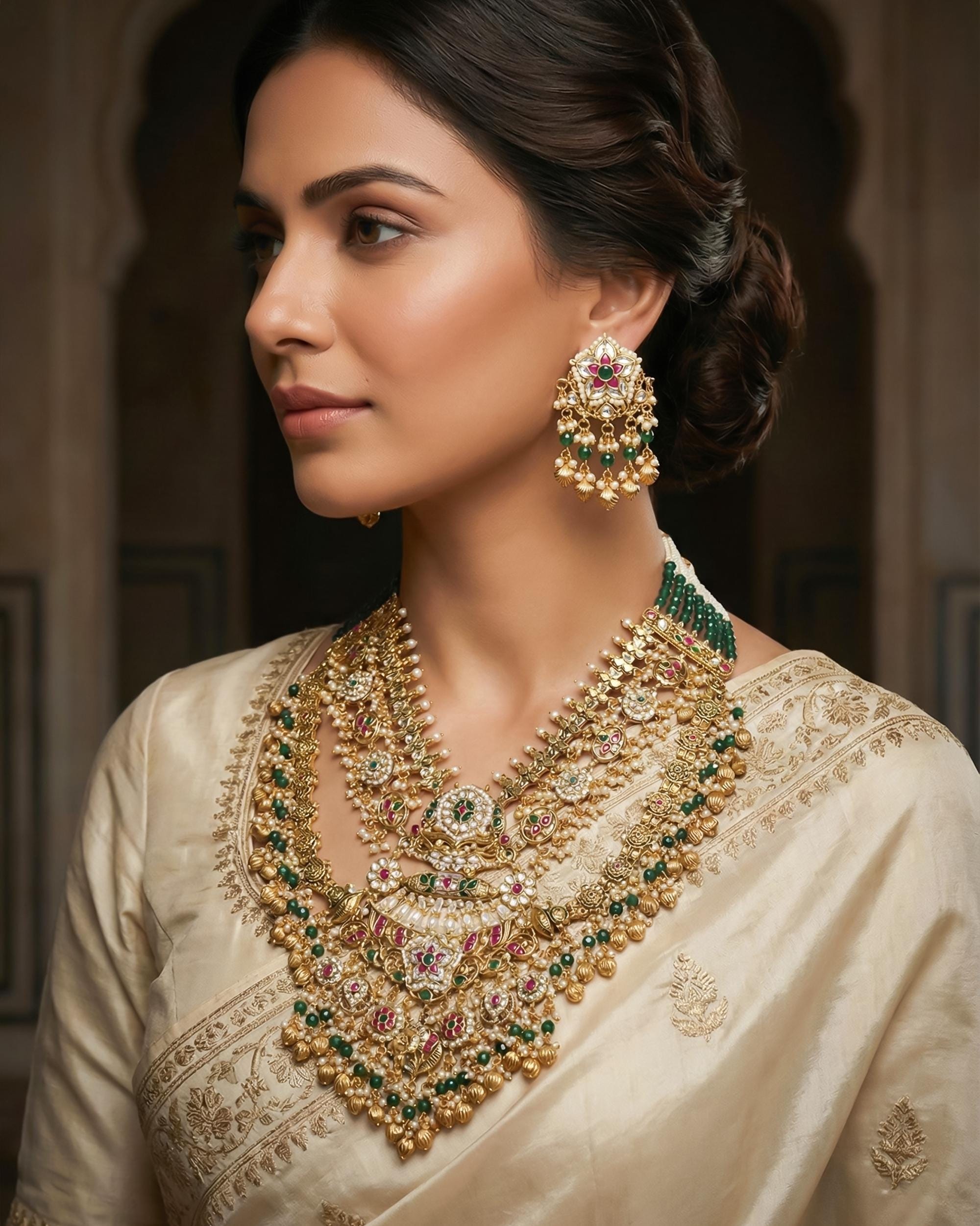 Handcrafted Kundan Bridal Necklace Set  Royal Green Beads, Antique Gold Floral Accents