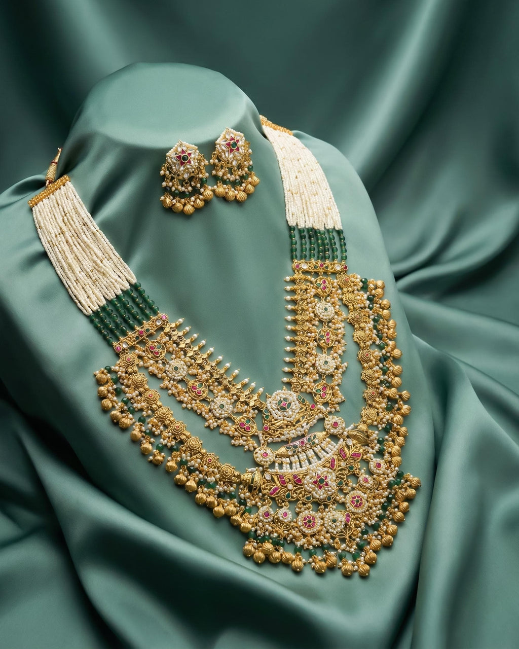 Handcrafted Kundan Bridal Necklace Set  Royal Green Beads, Antique Gold Floral Accents