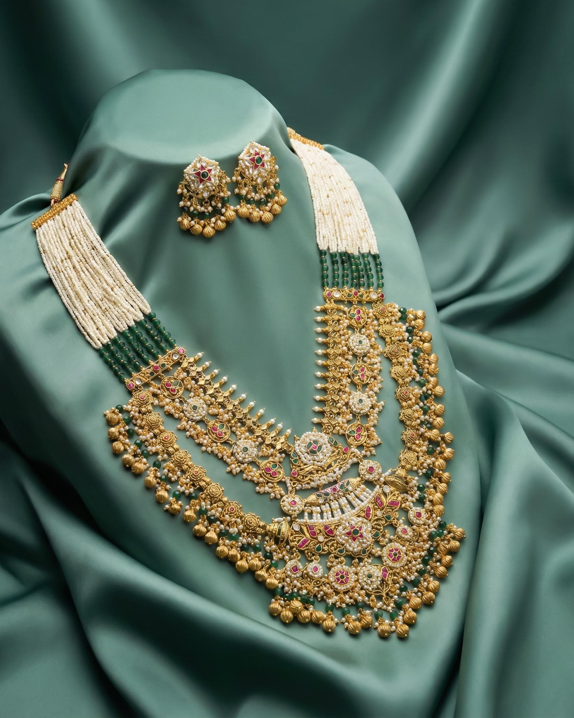 Handcrafted Kundan Bridal Necklace Set  Royal Green Beads, Antique Gold Floral Accents