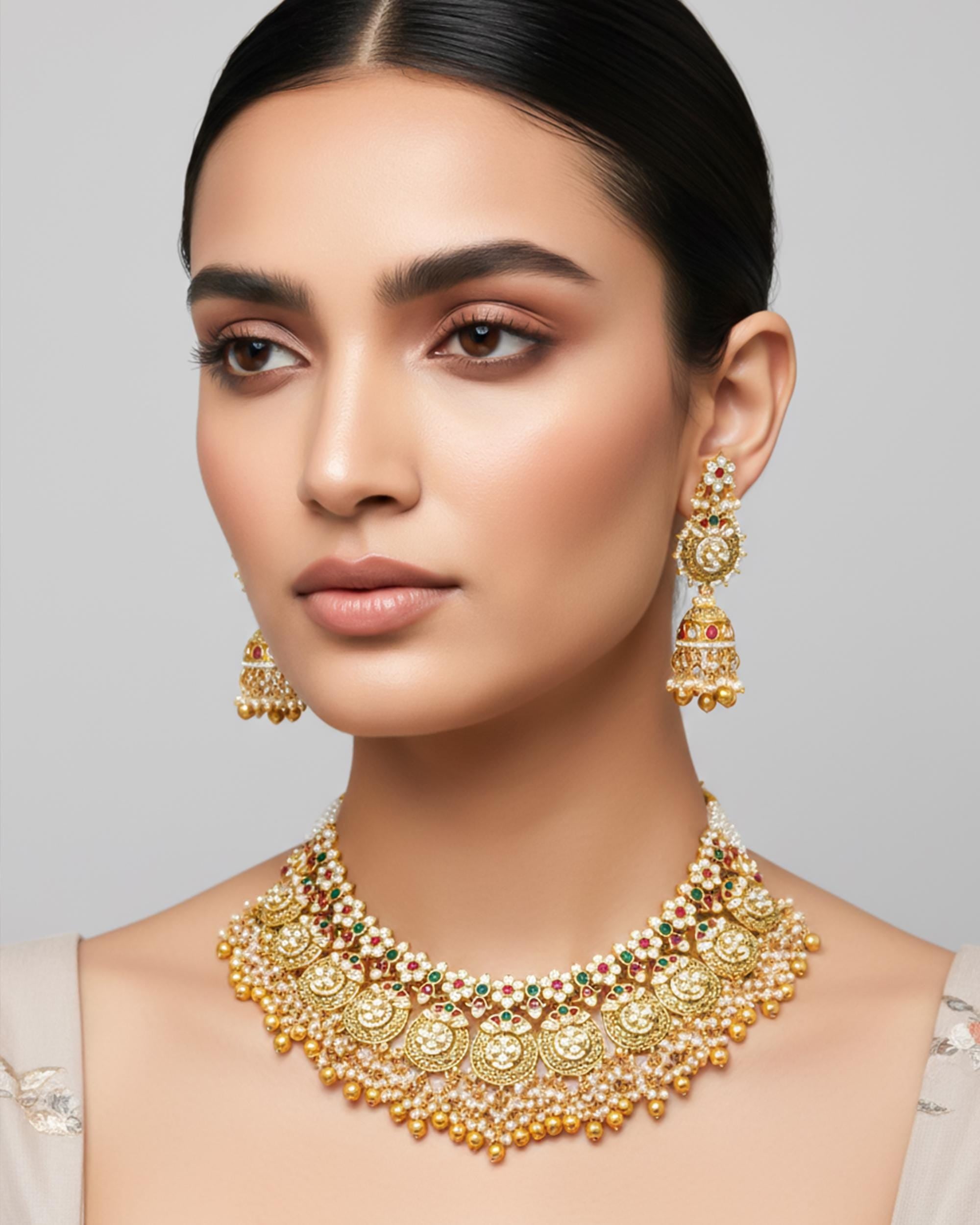 Handcrafted Pachi Kundan Collar Necklace Set  Ruby Emerald Pearl Choker  Antique Gold Bridal Haar