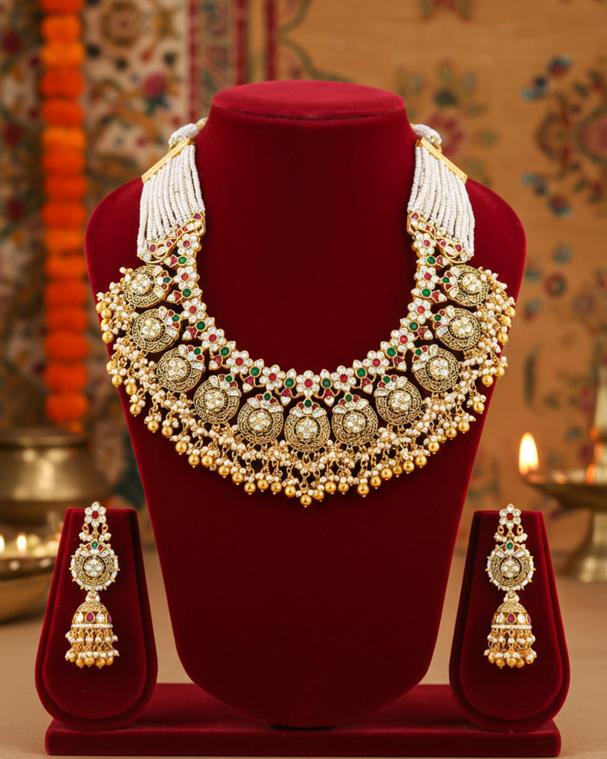 Handcrafted Pachi Kundan Collar Necklace Set  Ruby Emerald Pearl Choker  Antique Gold Bridal Haar