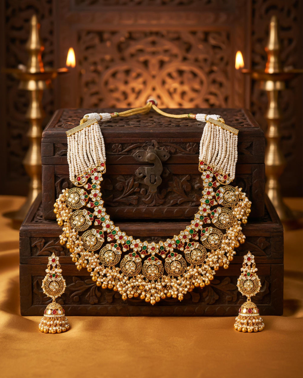 Handcrafted Pachi Kundan Collar Necklace Set  Ruby Emerald Pearl Choker  Antique Gold Bridal Haar