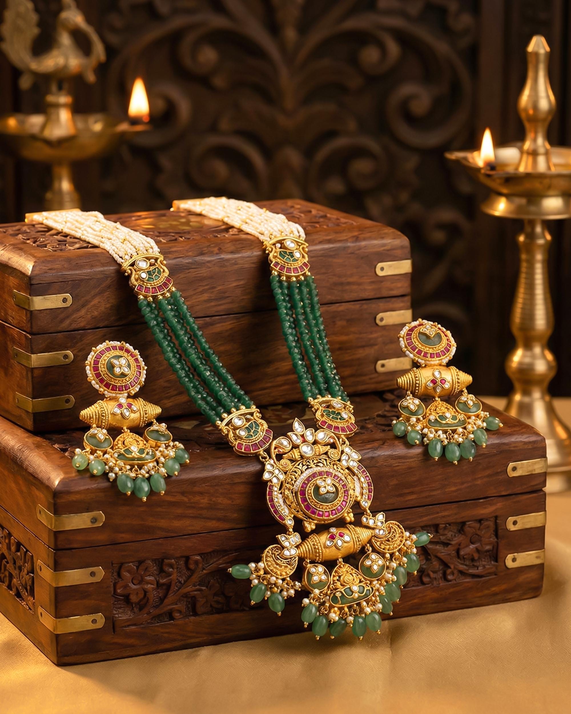 Antique Gold Pachi Kundan Rani Haar  Emerald Green Beads, Peacock Wedding Jewelry Set