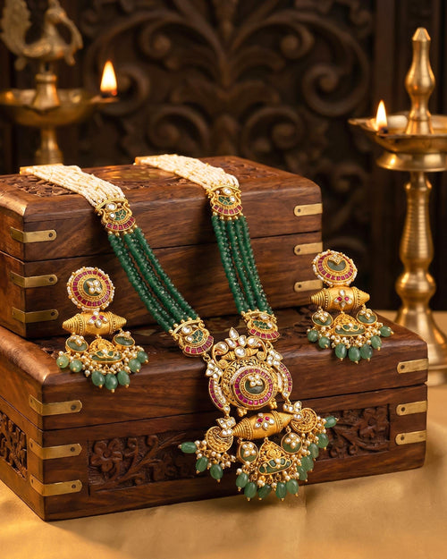 Rani Haar Kundan Pachi Oro Antiguo Cuentas Verdes Esmeralda, Conjunto de Joyas Nupciales Pavo Real