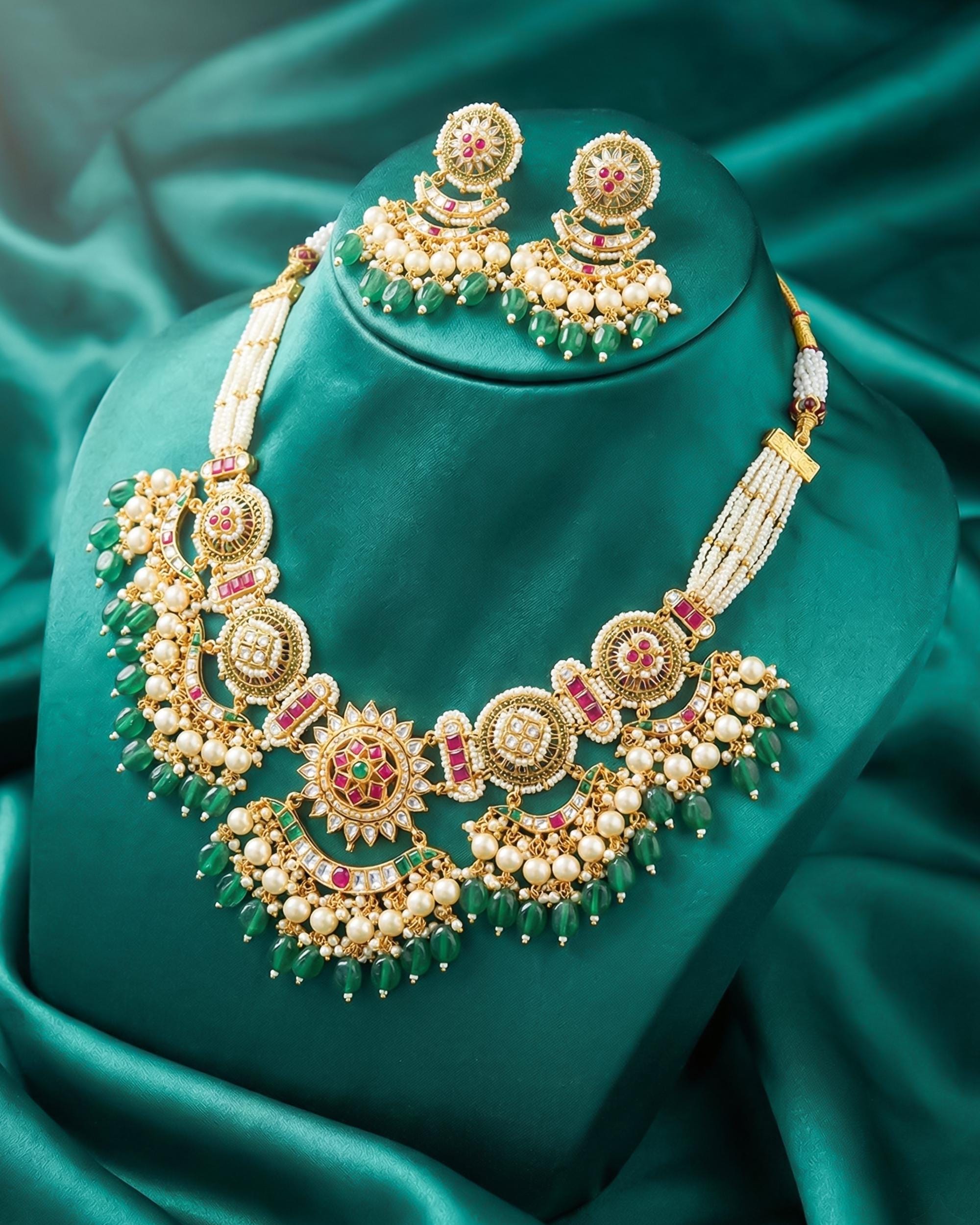 Handcrafted Pachi Kundan Choker Set  Emerald Green Droplets, Antique Gold Indian Bridal Jewelry