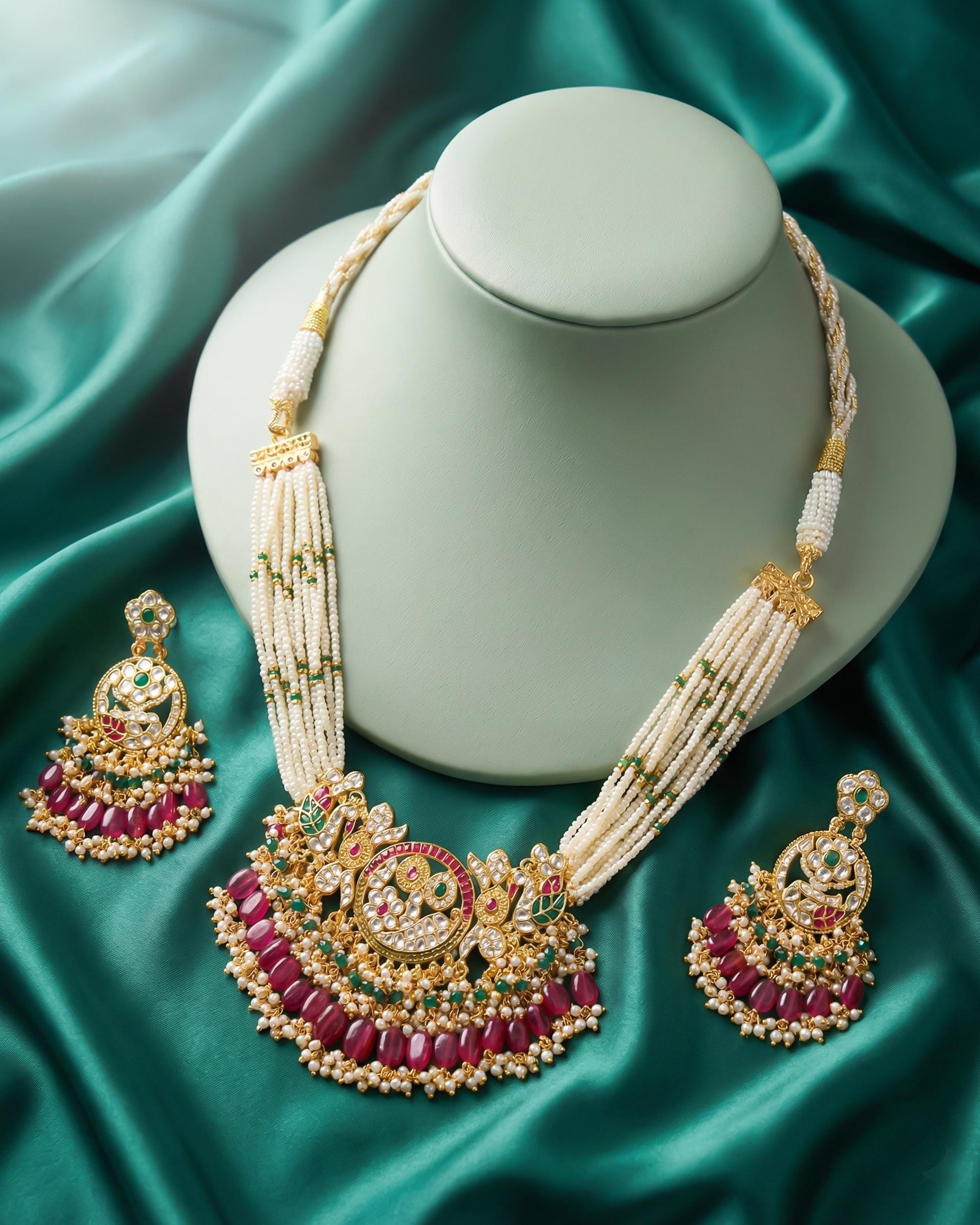 Handcrafted Pachi Kundan Bib Choker Set  Ruby Pink Tumbles, Pearl, Peacock Bridal Jewelry