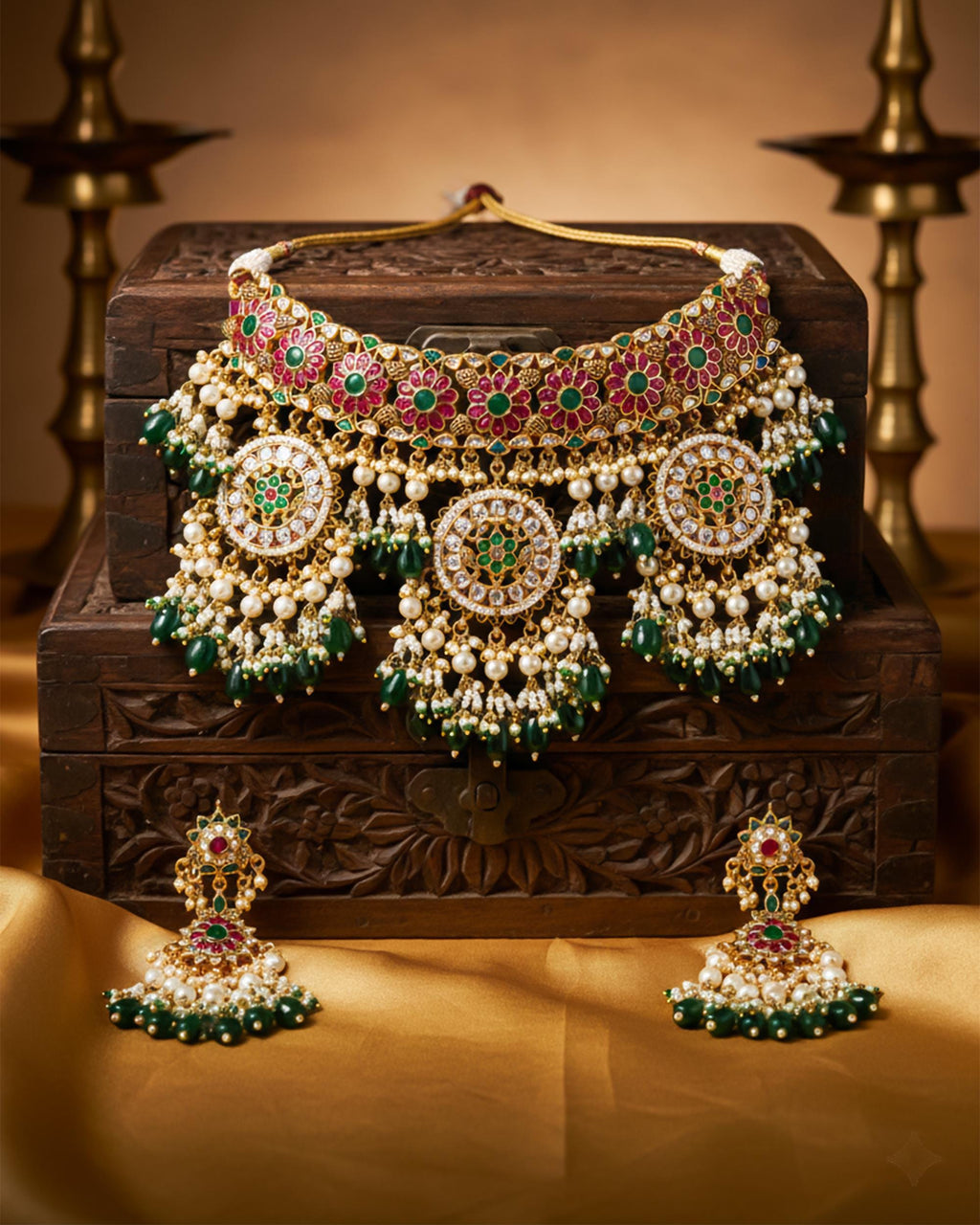 Antique Gold Pachi Kundan Choker Set  Royal Pink Emerald Bridal Collar Jewelry