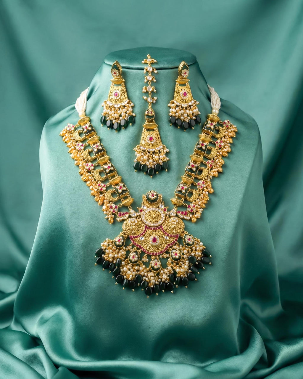 Antique Gold Pachi Kundan Choker  Layered Arch Bridal Collar with Mint Green Drops