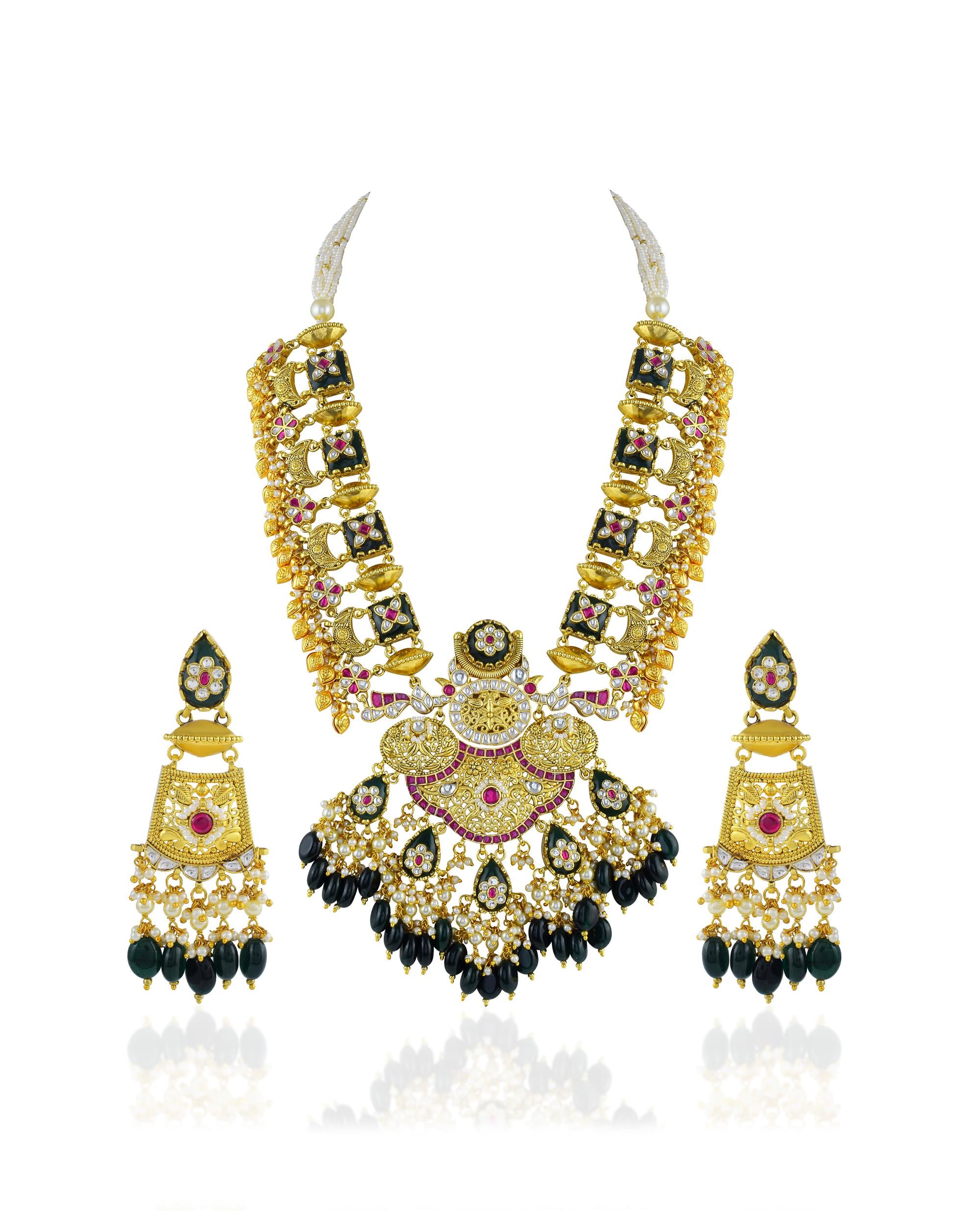 Antique Gold Pachi Kundan Choker  Layered Arch Bridal Collar with Mint Green Drops