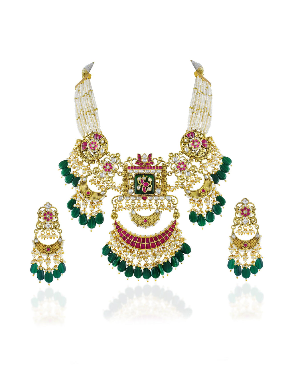 Antique Gold Pachi Kundan Rani Haar Set  Green Meenakari Bridal Necklace