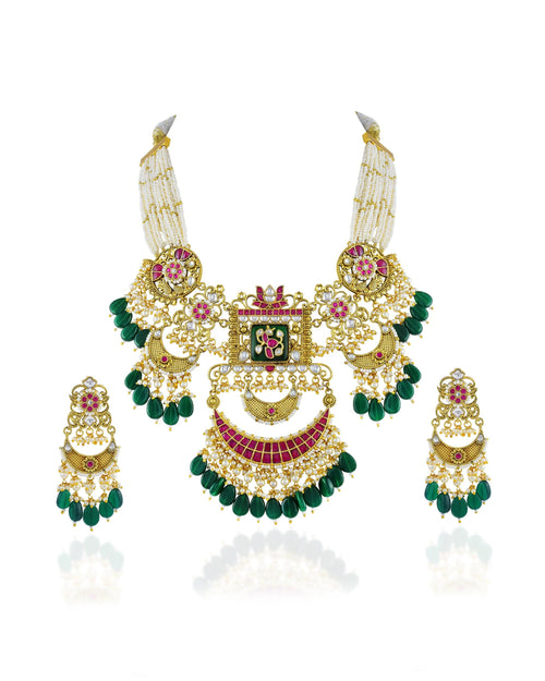 Set de Rani Haar de Kundan Pachi en Oro Antiguo con Collar Nupcial Meenakari Verde