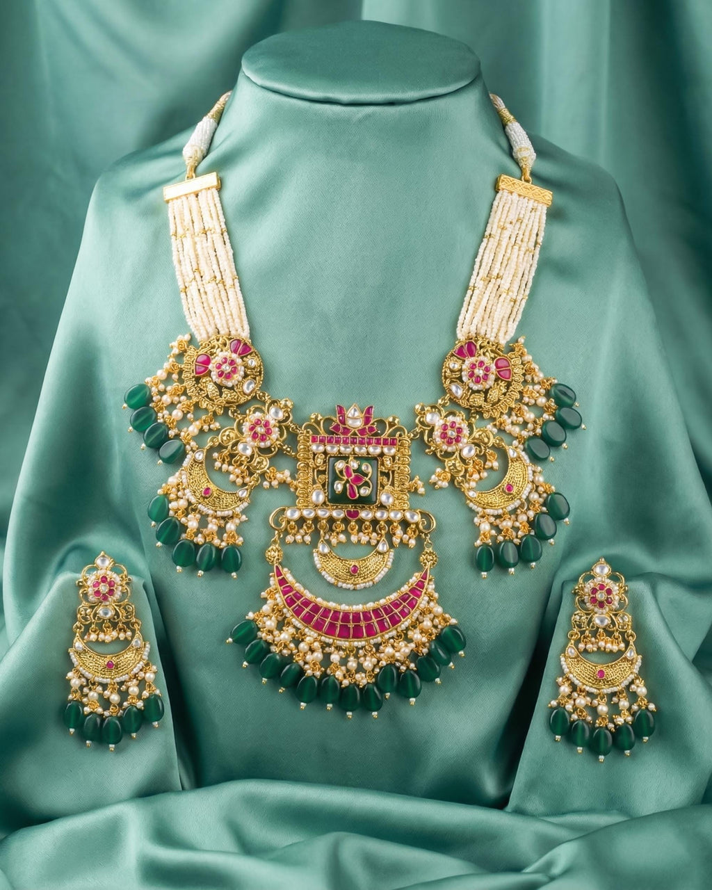 Antique Gold Pachi Kundan Rani Haar Set  Green Meenakari Bridal Necklace