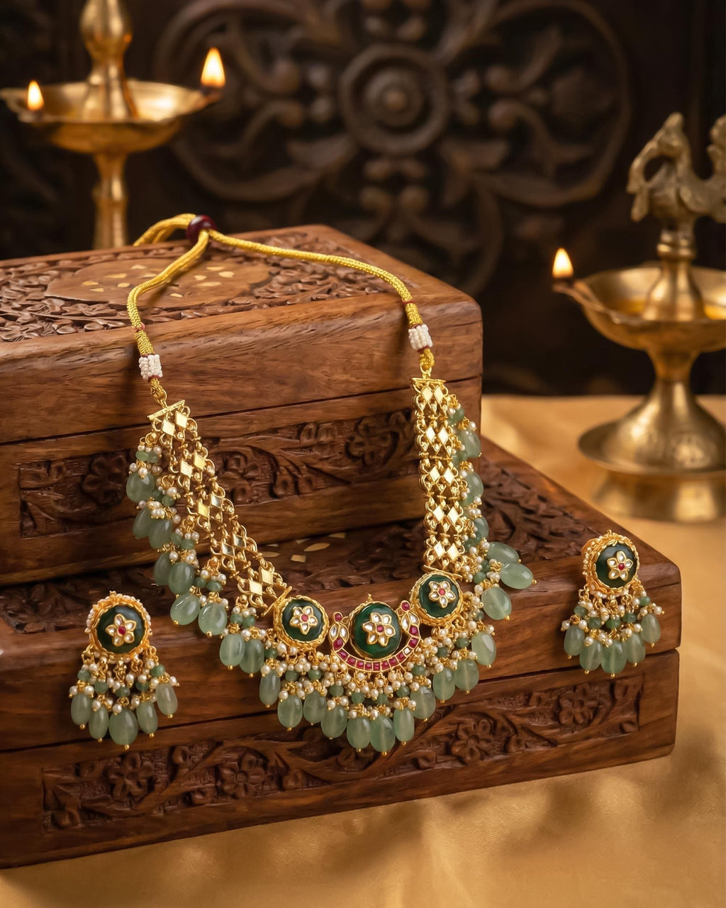 Antique Gold Pachi Kundan Choker Set  Emerald Green Drops, Bridal Wedding Jewelry