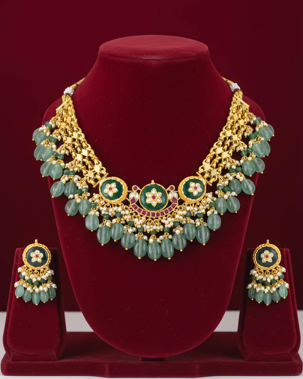 Antique Gold Pachi Kundan Choker Set  Emerald Green Drops, Bridal Wedding Jewelry