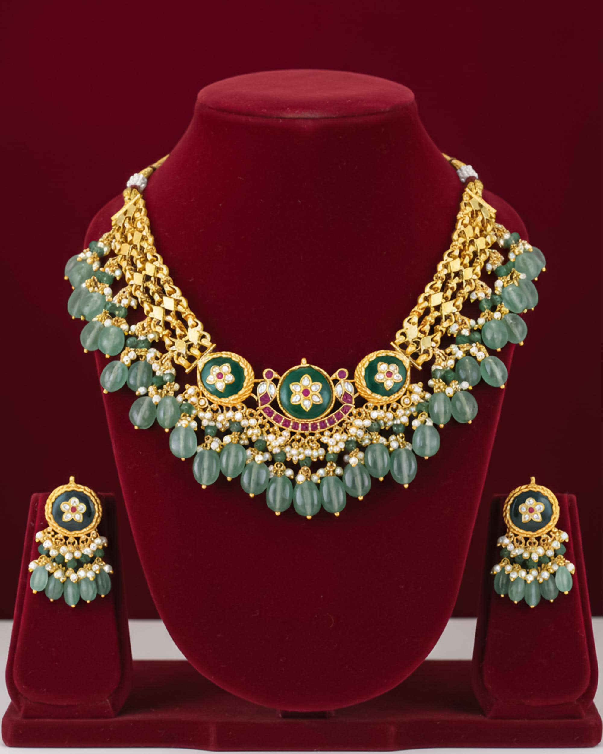 Antique Gold Pachi Kundan Choker Set  Emerald Green Drops, Bridal Wedding Jewelry