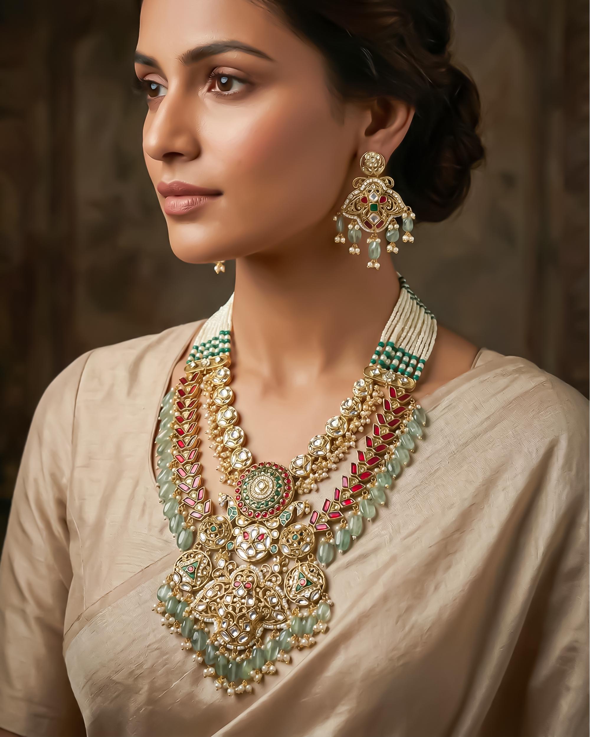 Handcrafted Pachi Kundan Choker Set  Double Crescent Bridal Collar, Mint Green Drops