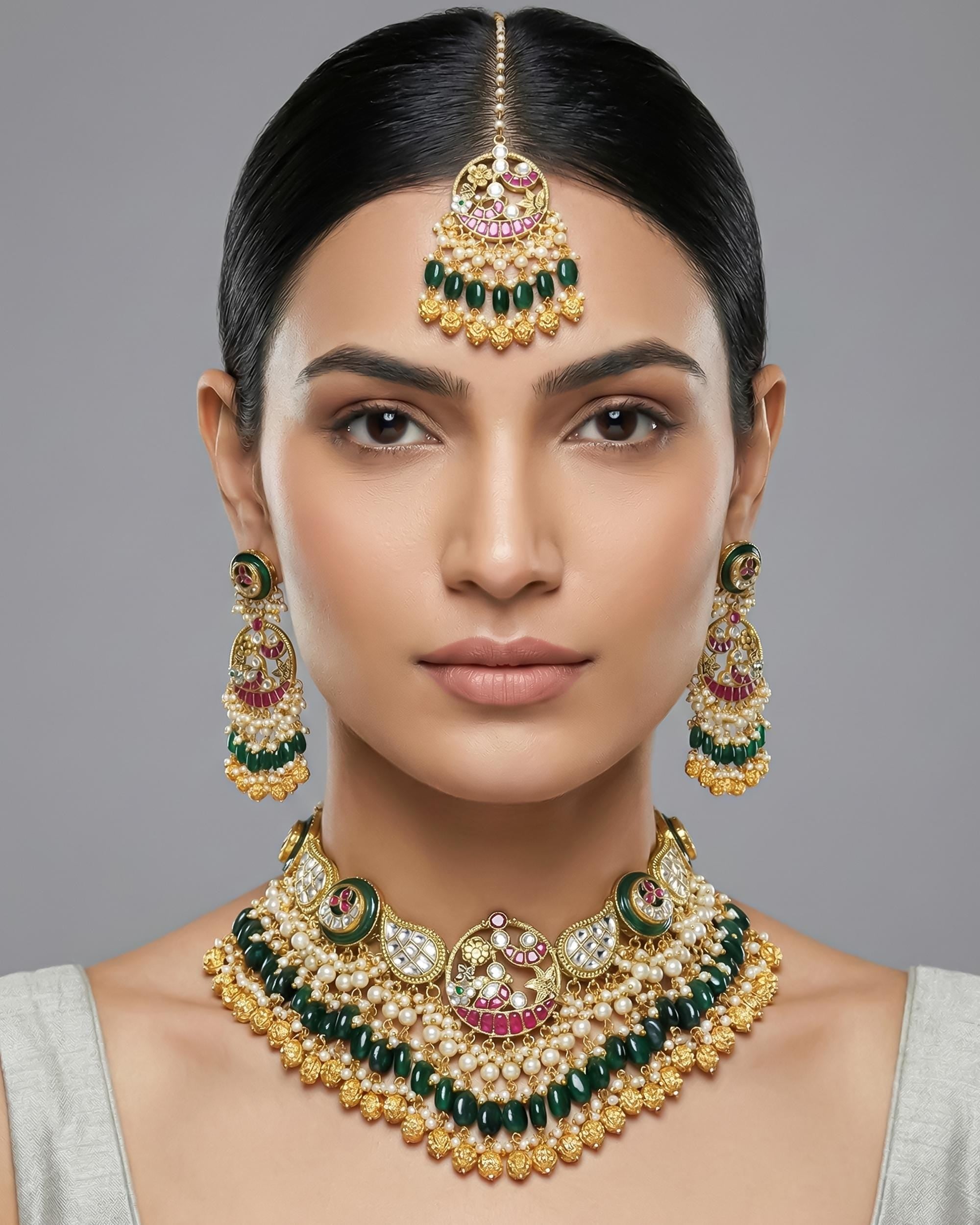 Antique Gold Pachi Kundan Choker Maang Tikka, Green Onyx Bridal Collar, Peacock Wedding Jewelry