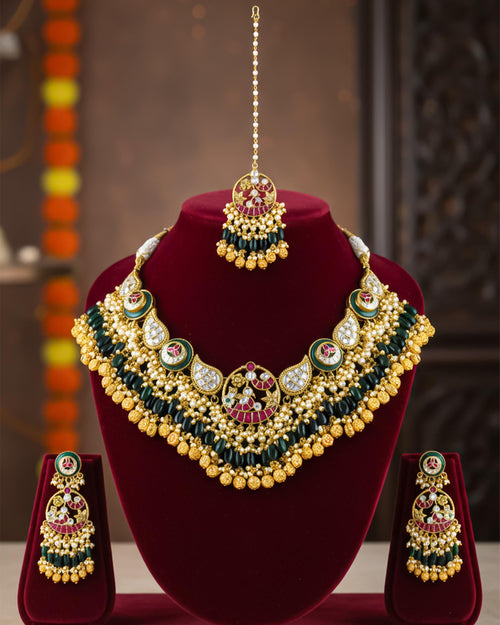 Gargantilla Pachi Kundan de Oro Antiguo, Maang Tikka, Collar Nupcial de Ónix Verde, Joyería de Boda Pavo Real