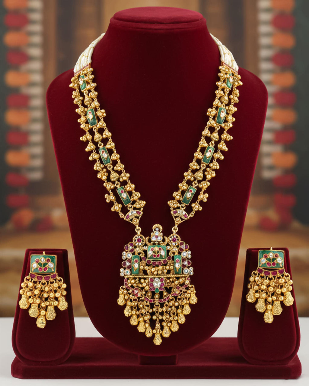 Antique Gold Pachi Kundan Choker Set  Pastel Mint Pink Tumbles, Statement Earrings