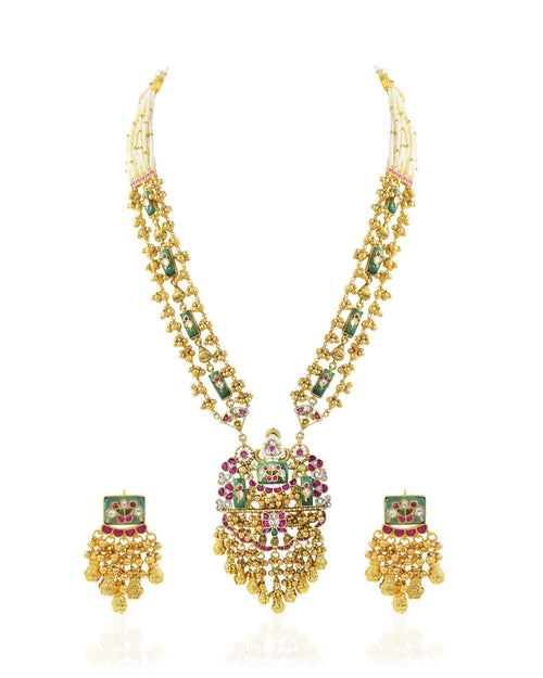 Juego de gargantilla Pachi Kundan de oro antiguo con pendientes llamativos y detalles de color rosa pastel y menta