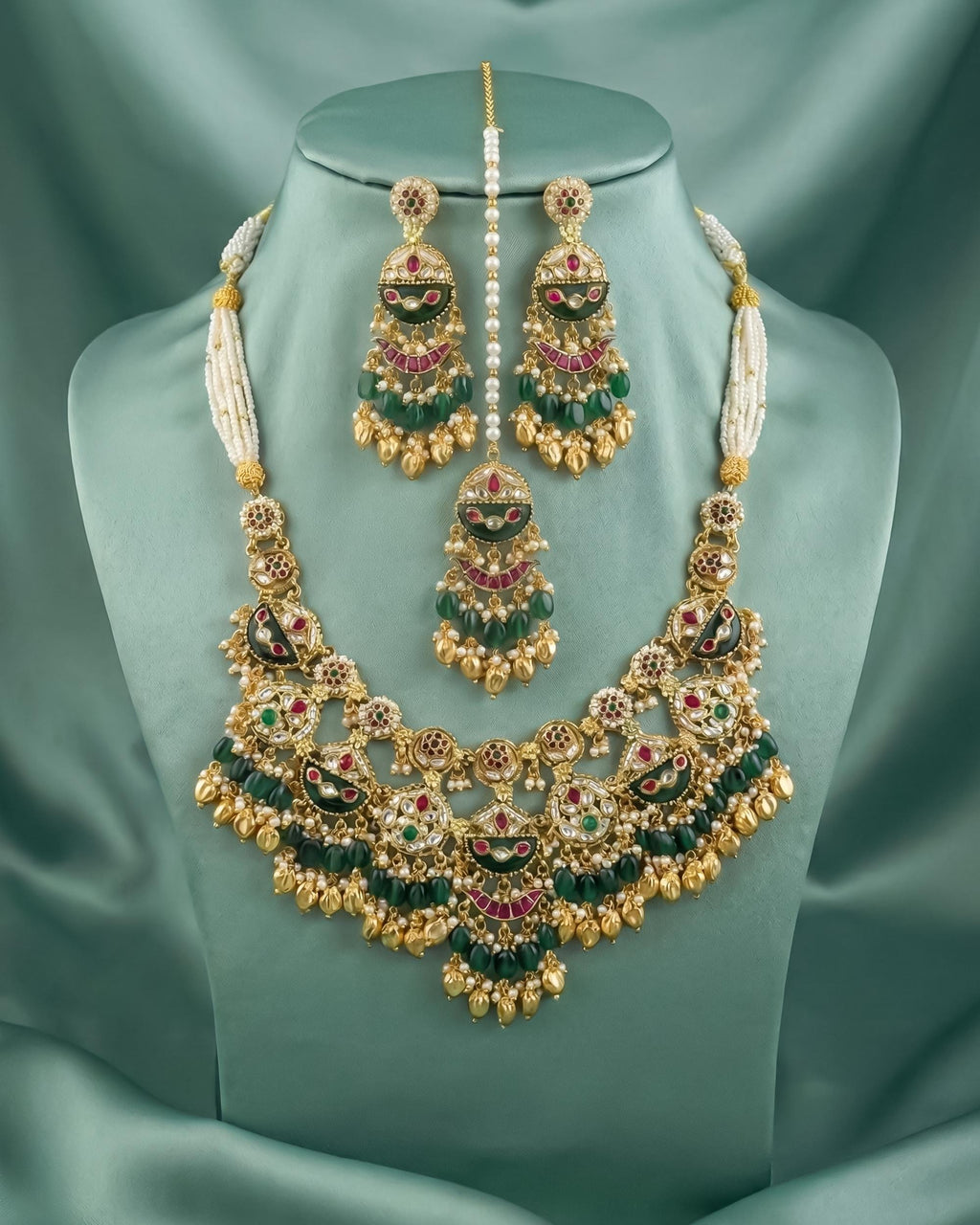 Antique Gold Pachi Kundan Choker Set with Maang Tikka  Green Meenakari Bridal Jewelry