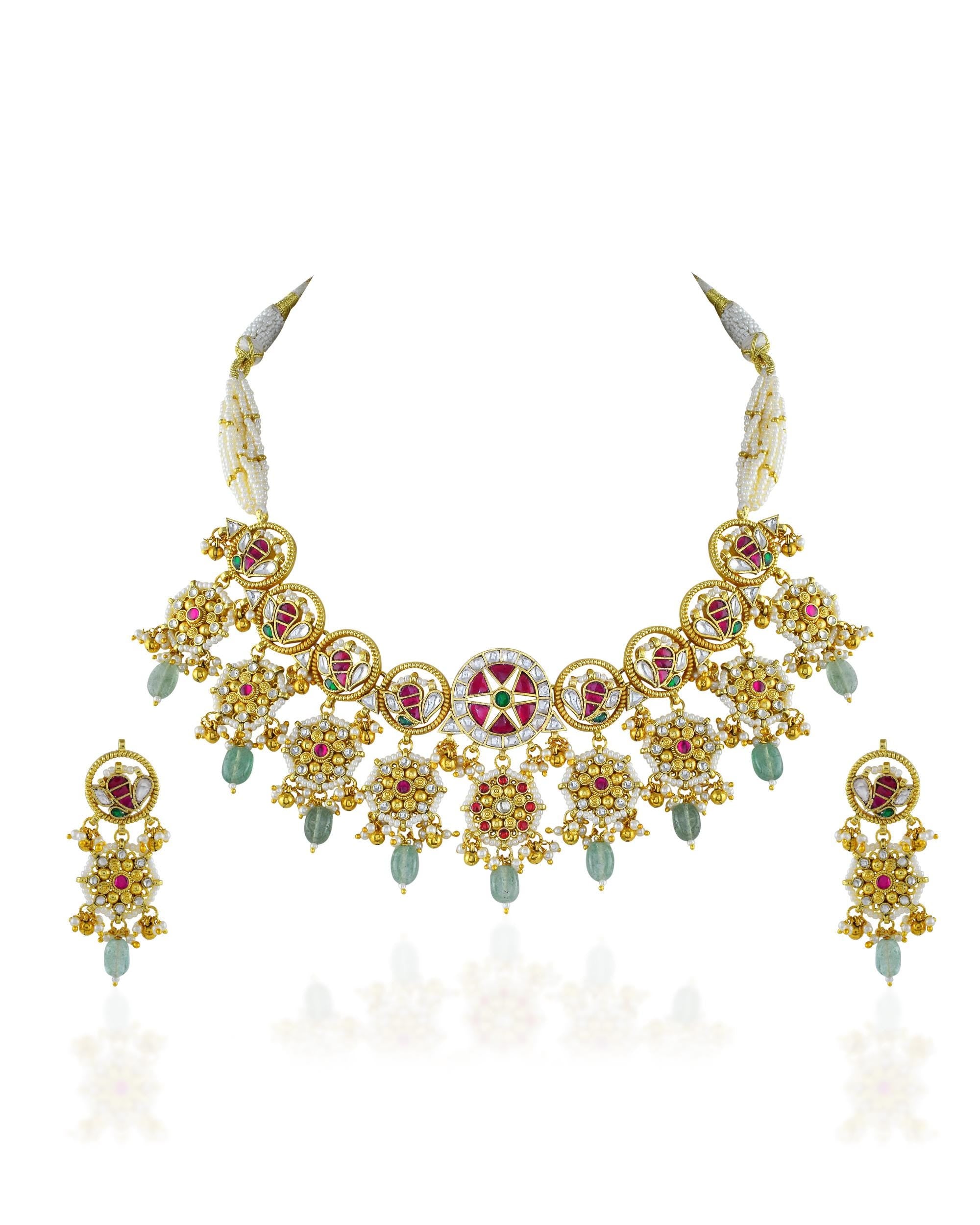 Antique Gold Pachi Kundan Choker Set  Mint Drops, Pink Enamel Paisley, Bridal Wedding Jewelry