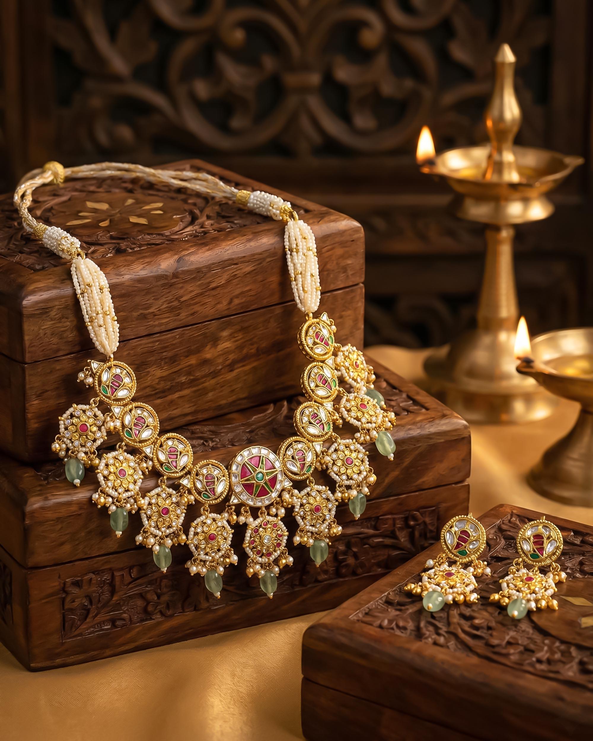 Antique Gold Pachi Kundan Choker Set  Mint Drops, Pink Enamel Paisley, Bridal Wedding Jewelry