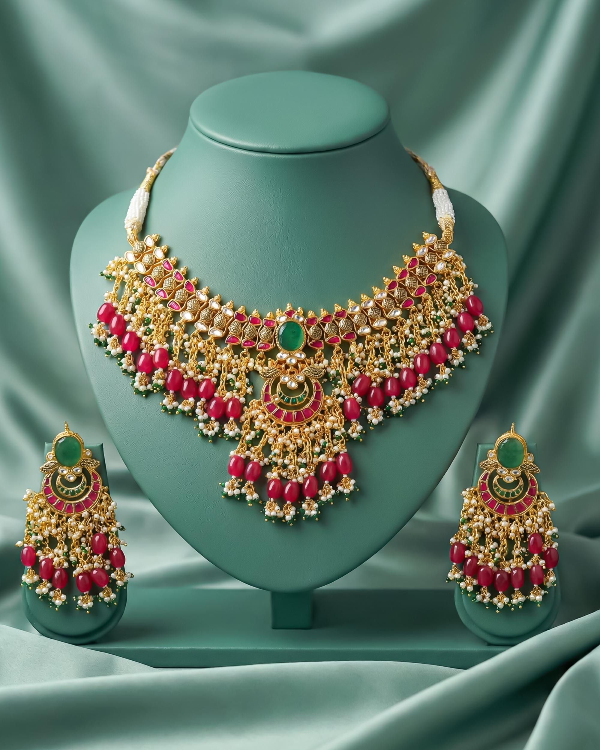Antique Gold Pachi Kundan Rani Haar Set  Teal Green Onyx Necklace, Royal Pendant, Earrings