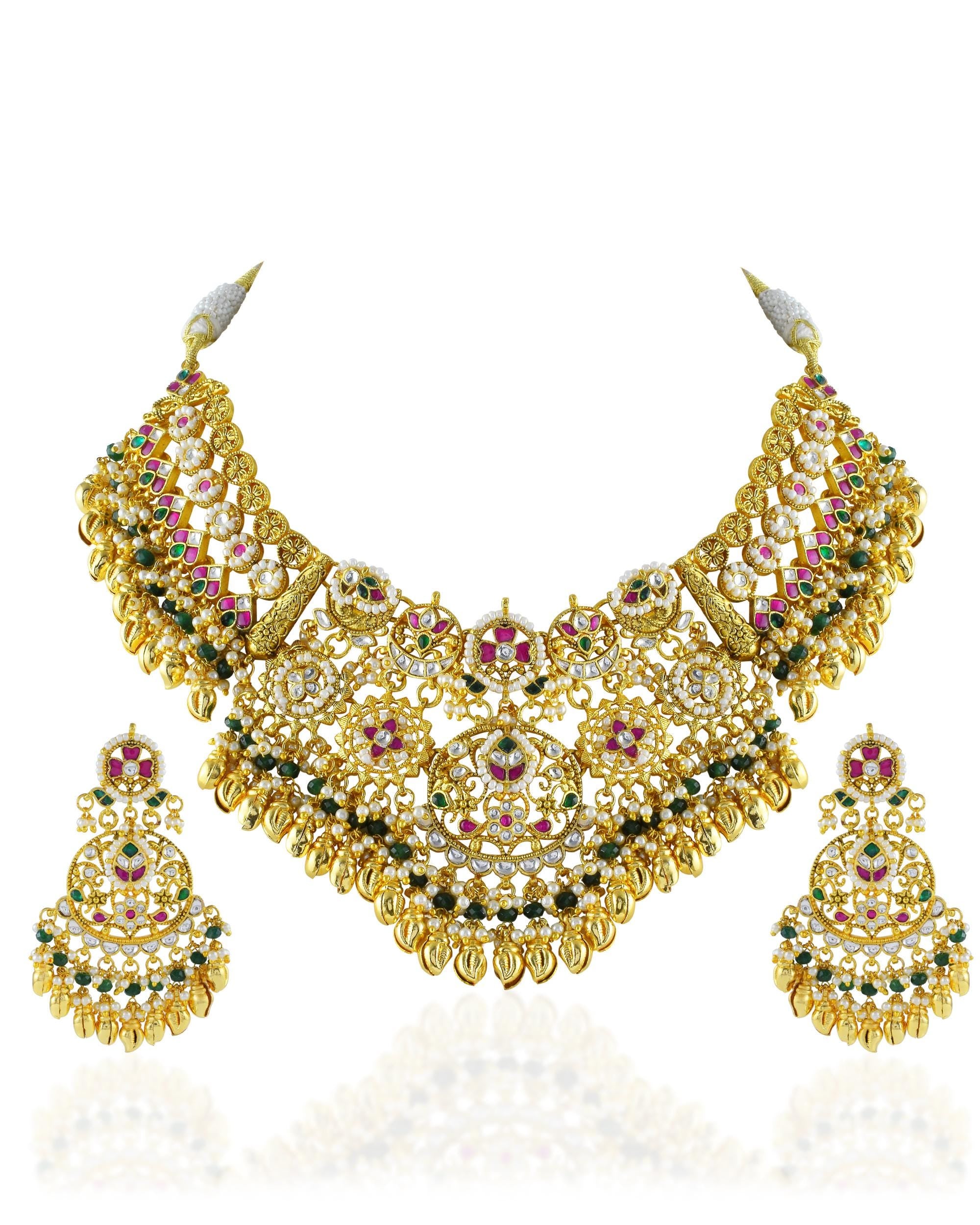 Antique Gold Pachi Kundan Bib Necklace Set  Royal Bridal Statement Wedding Jewelry
