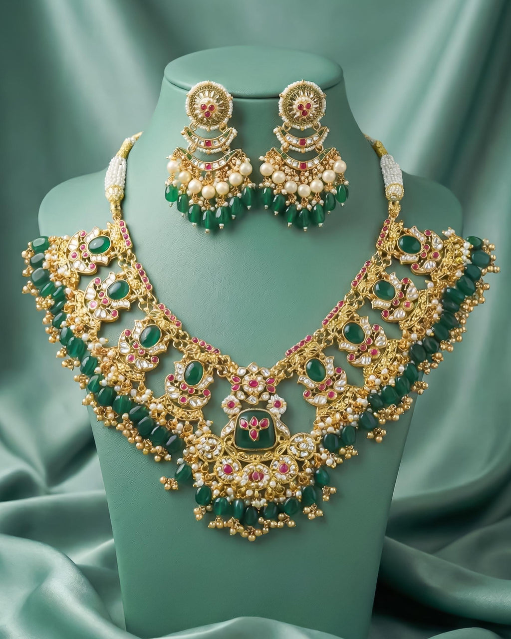Royal Kundan Choker Necklace Set | Emerald Green Bridal Jewelry with Meenakari Earrings