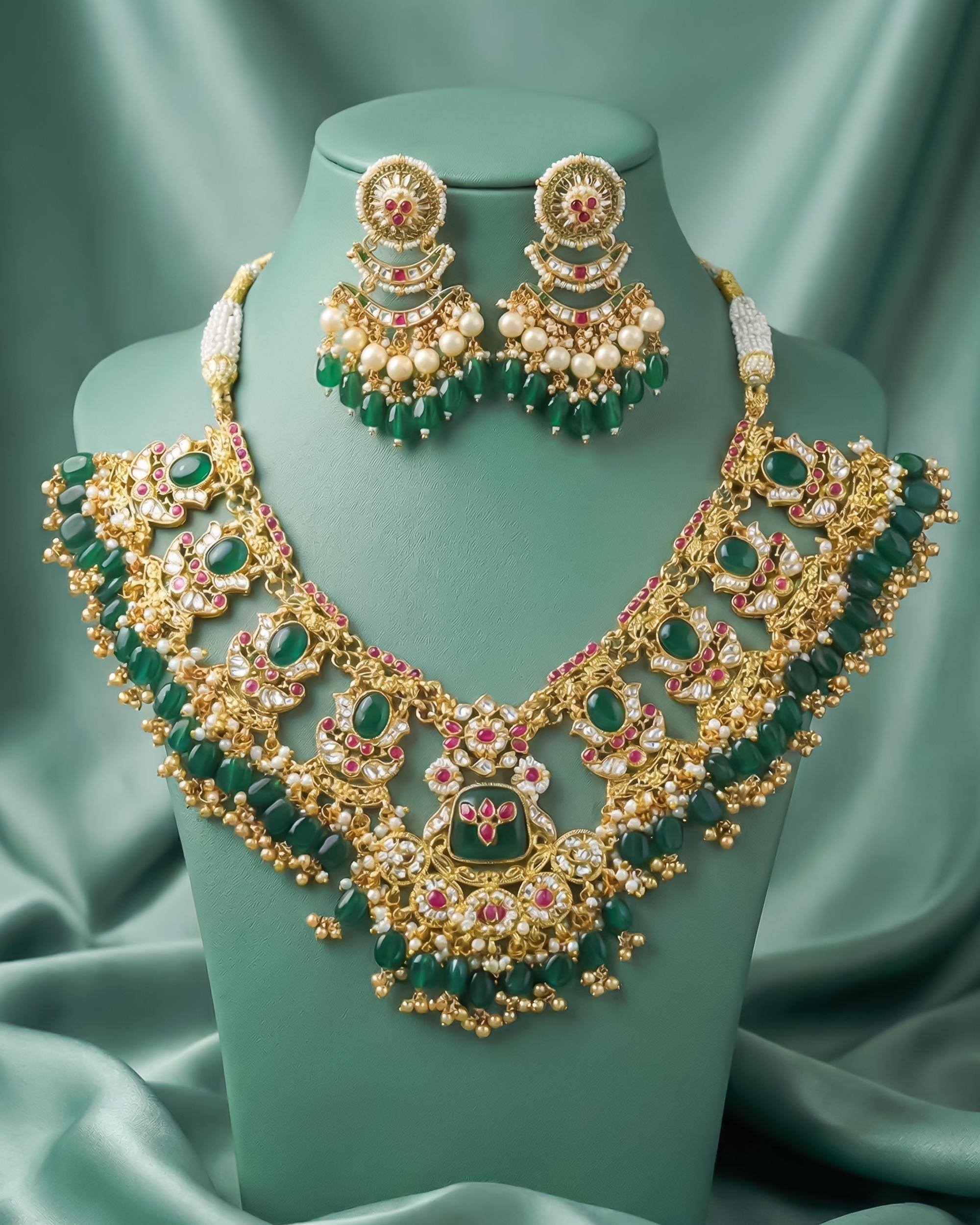 Royal Kundan Choker Necklace Set | Emerald Green Bridal Jewelry with Meenakari Earrings