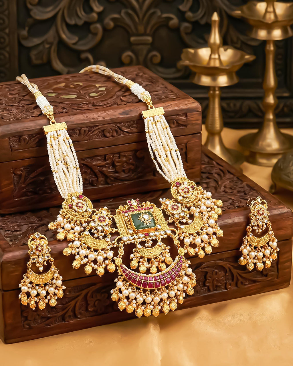 Vintage Rajasthani Hasli Necklace, Pearl Emerald Ruby Chandbali Choker, Antique Gold Plated Bridal Jewelry