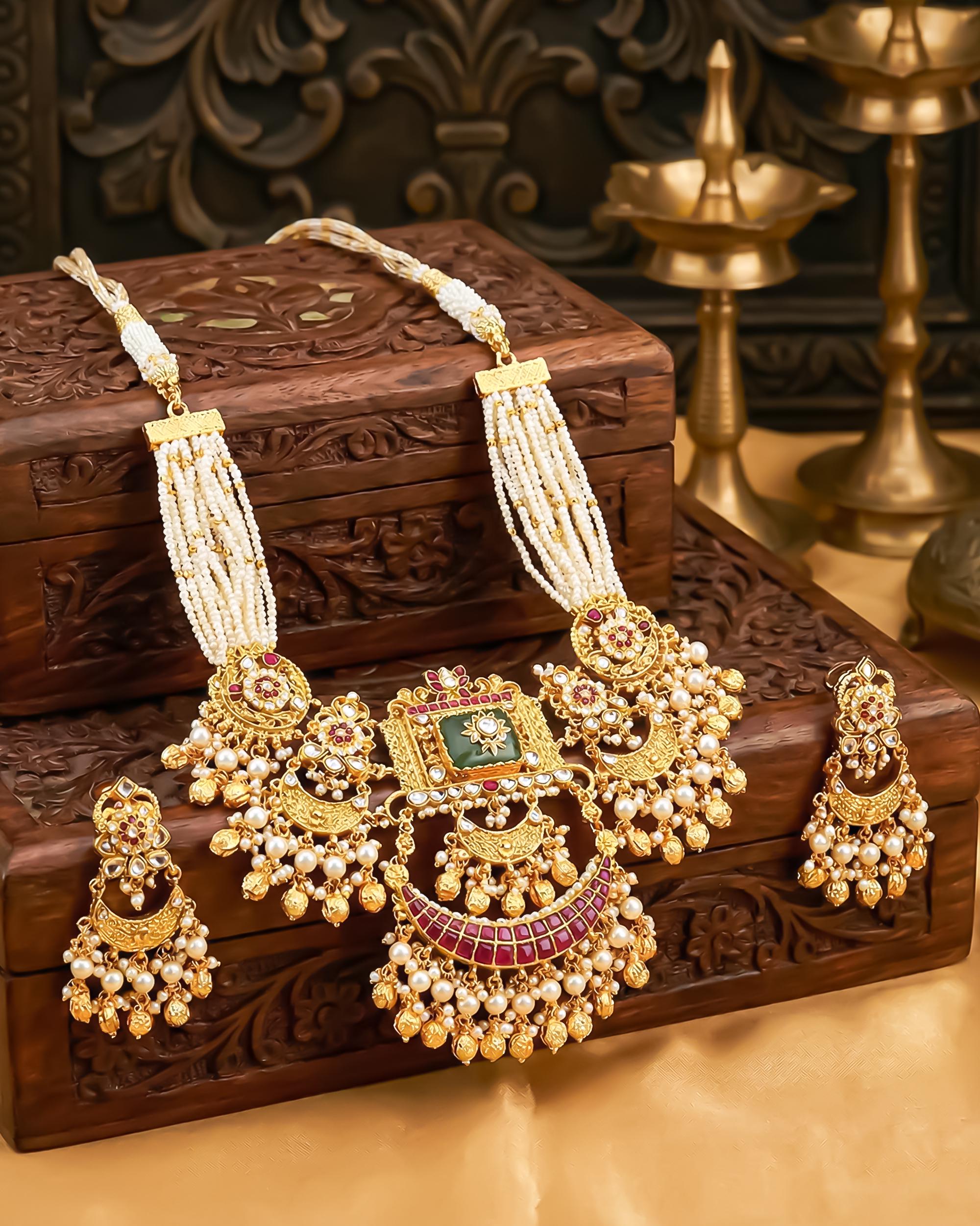 Vintage Rajasthani Hasli Necklace, Pearl Emerald Ruby Chandbali Choker, Antique Gold Plated Bridal Jewelry