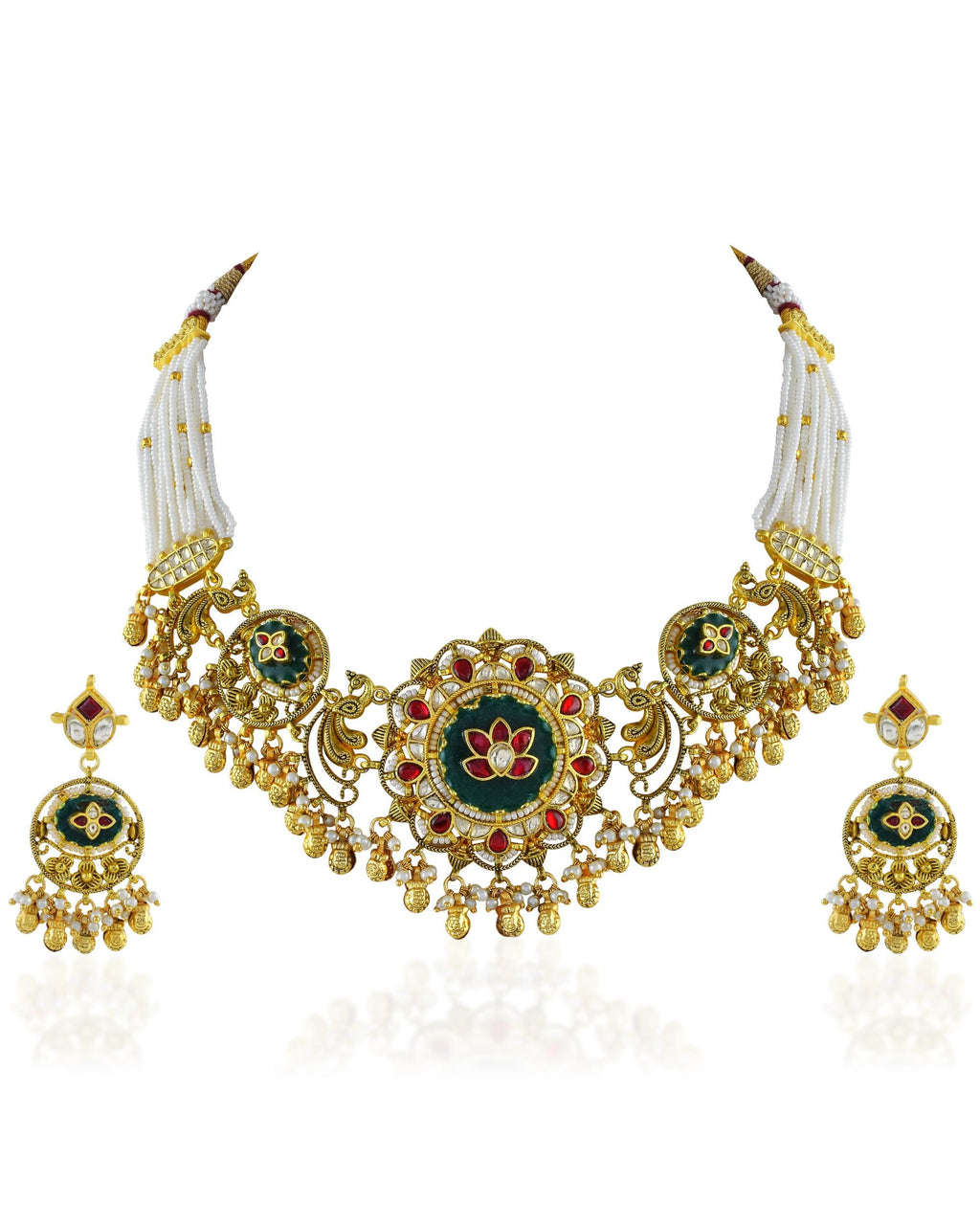 Lotus Meenakari Choker Necklace with Pearls, Antique Gold Plated Indian Festive Jewelry Set