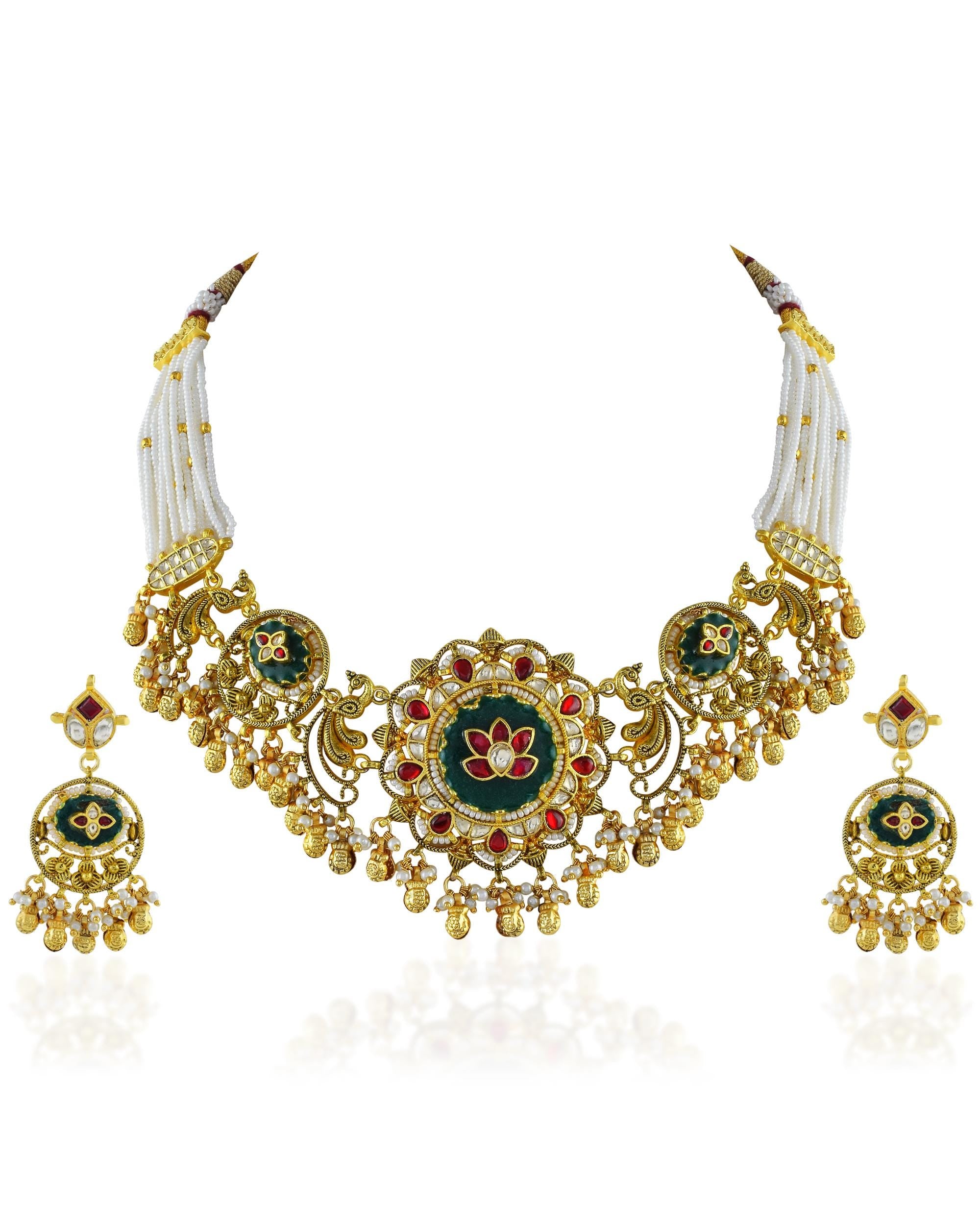 Lotus Meenakari Choker Necklace with Pearls, Antique Gold Plated Indian Festive Jewelry Set