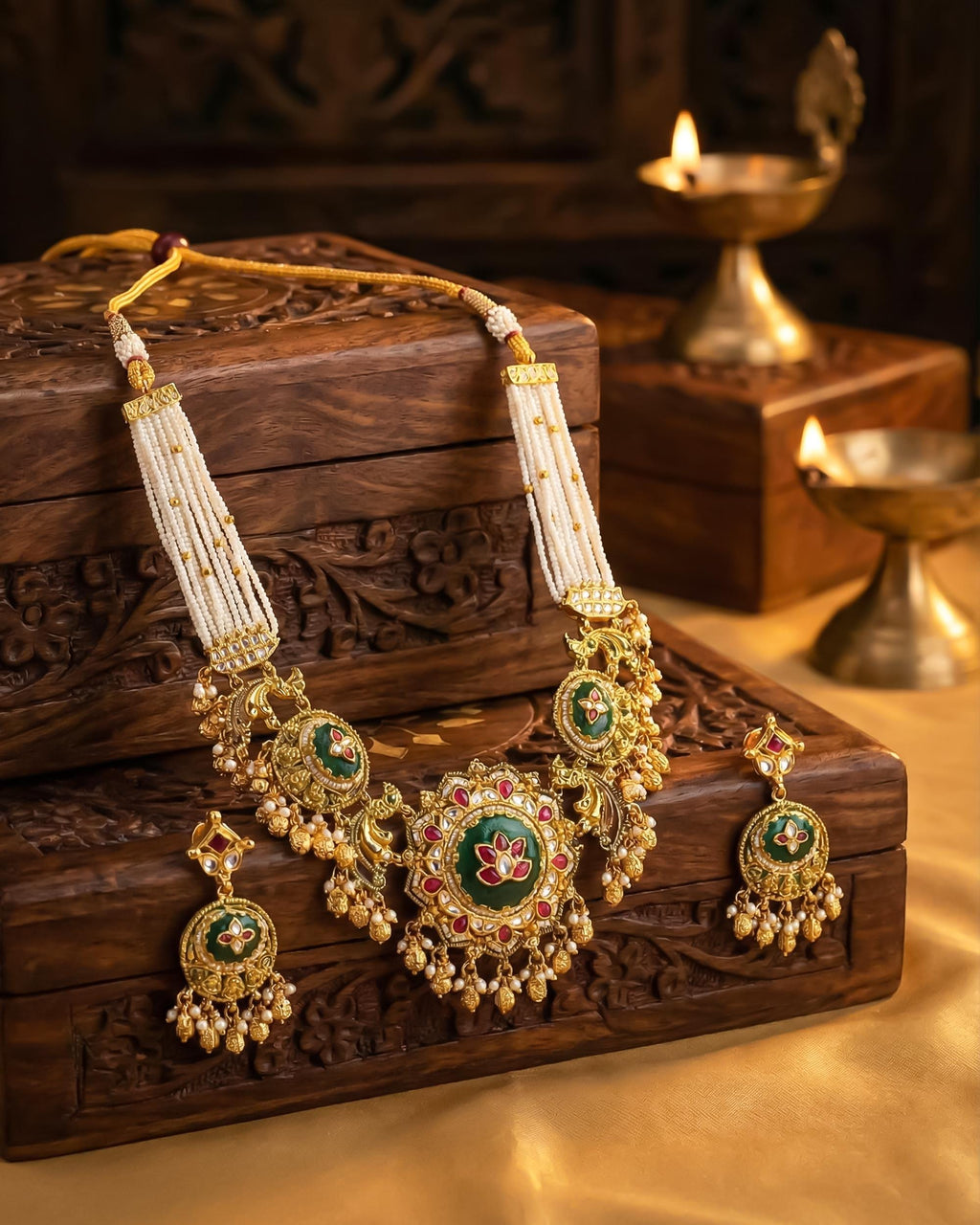Lotus Meenakari Choker Necklace with Pearls, Antique Gold Plated Indian Festive Jewelry Set