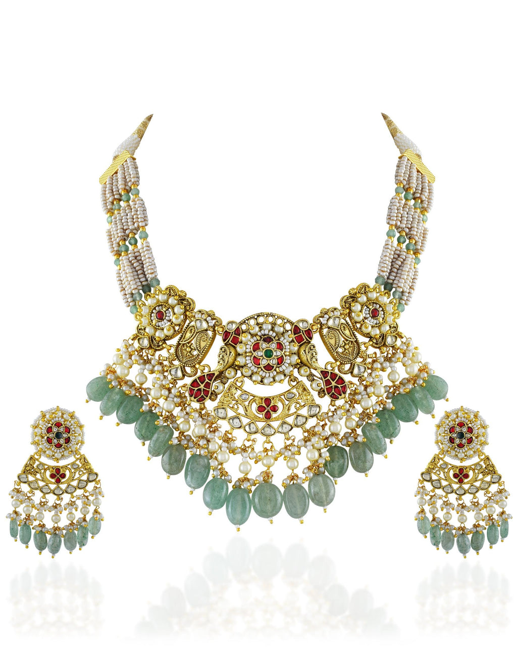 Antique Gold Plated Choker Necklace Set | Mint Green Pearls, Peacock Motifs