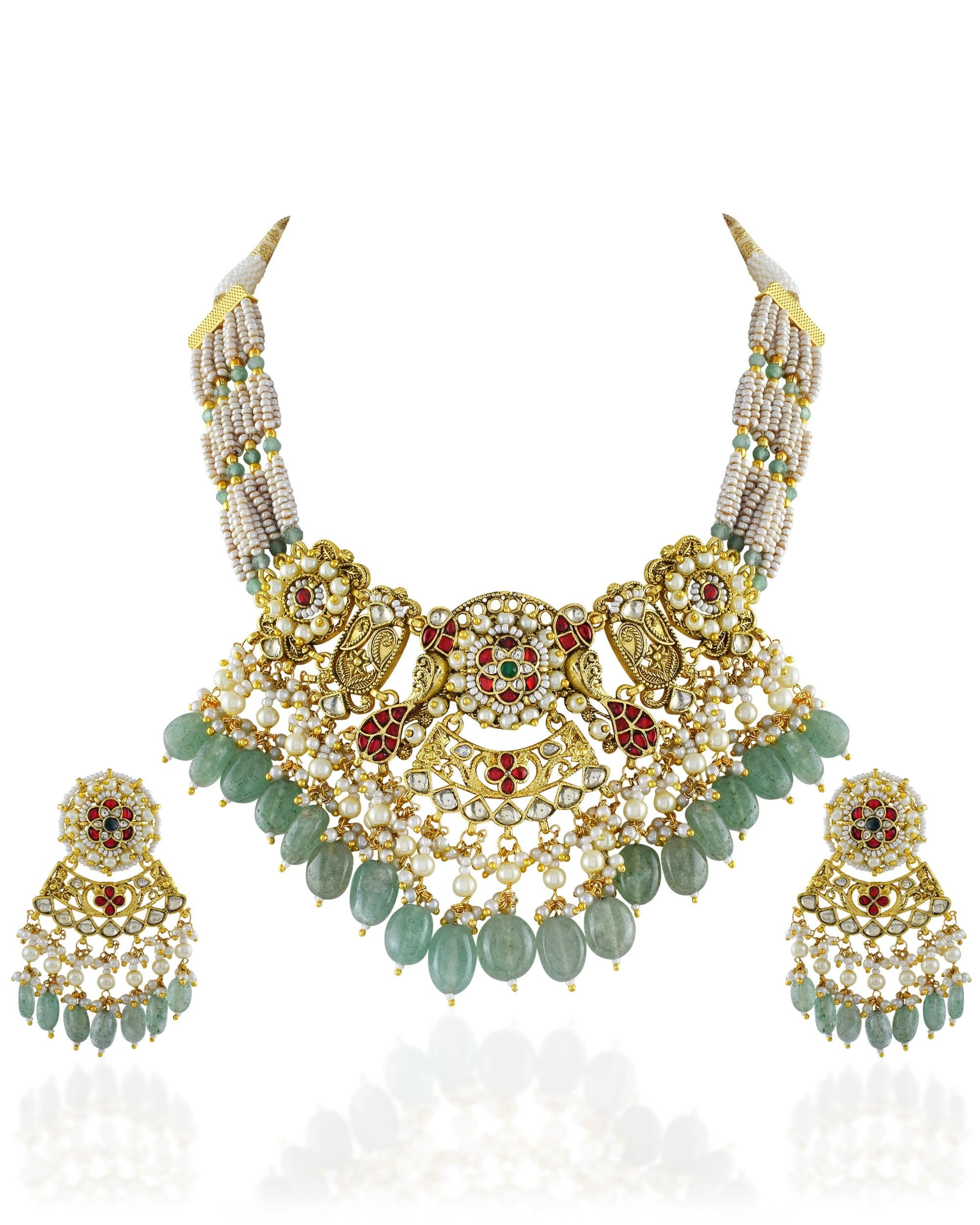 Antique Gold Plated Choker Necklace Set | Mint Green Pearls, Peacock Motifs