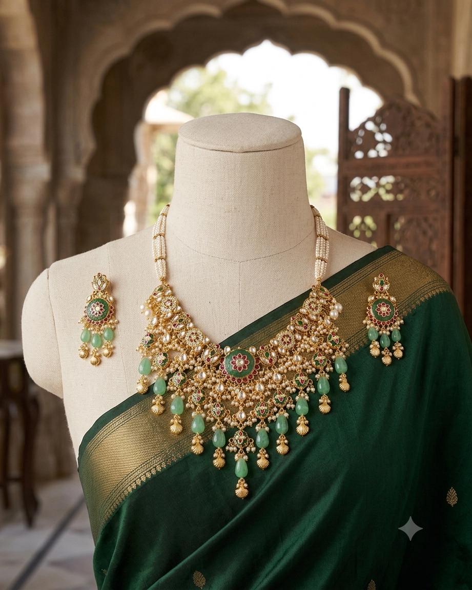 Grand Pachi Kundan Bridal Choker Set: Meenakari Pearls, Mint Droplets, Indian Wedding Jewelry