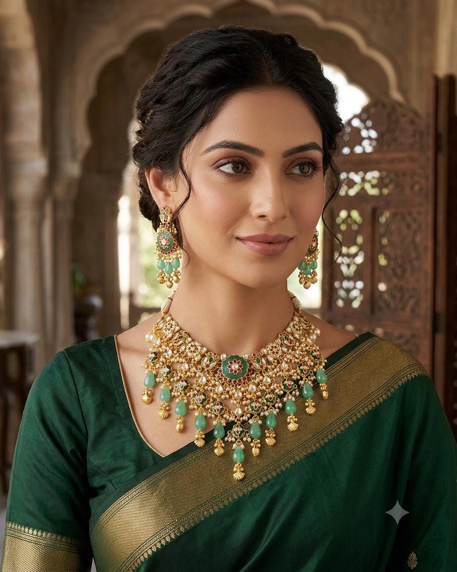 Grand Pachi Kundan Bridal Choker Set: Meenakari Pearls, Mint Droplets, Indian Wedding Jewelry