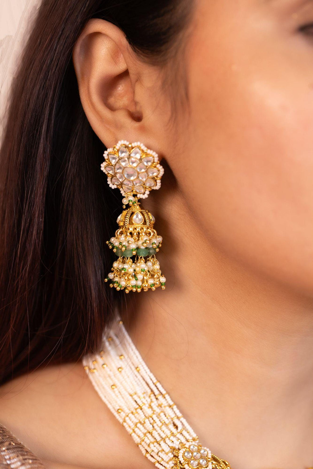 Traditional Kundan Necklace Set with Jhumkas | Multi-Strand Pearl Choker, Emeralds