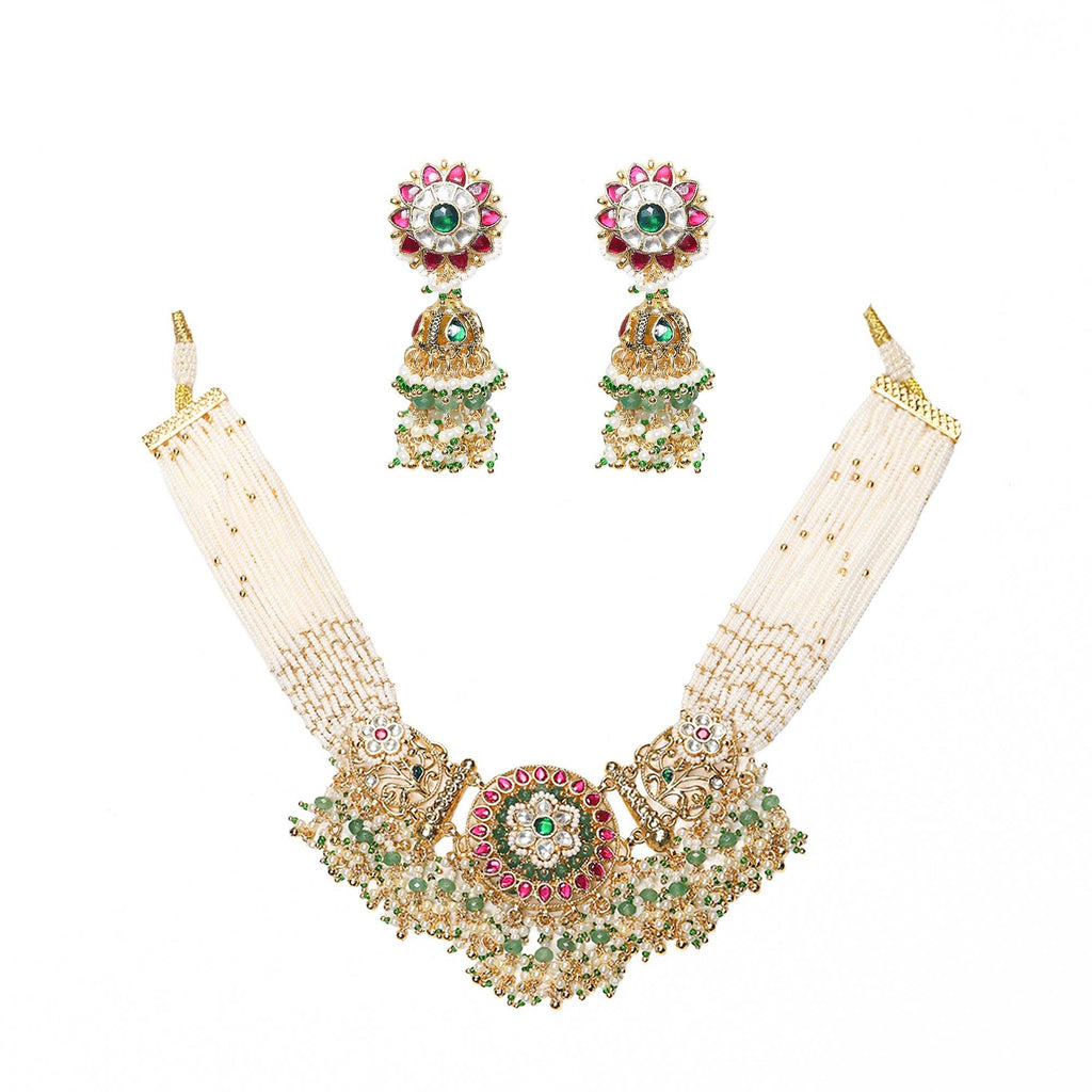Traditional Kundan Necklace Set with Jhumkas | Multi-Strand Pearl Choker, Emeralds